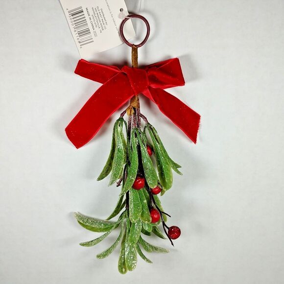 Holiday Style Mistletoe Christmas Ornament Blue Velvet Red Burgundy Bows Glitter - Picture 5 of 13